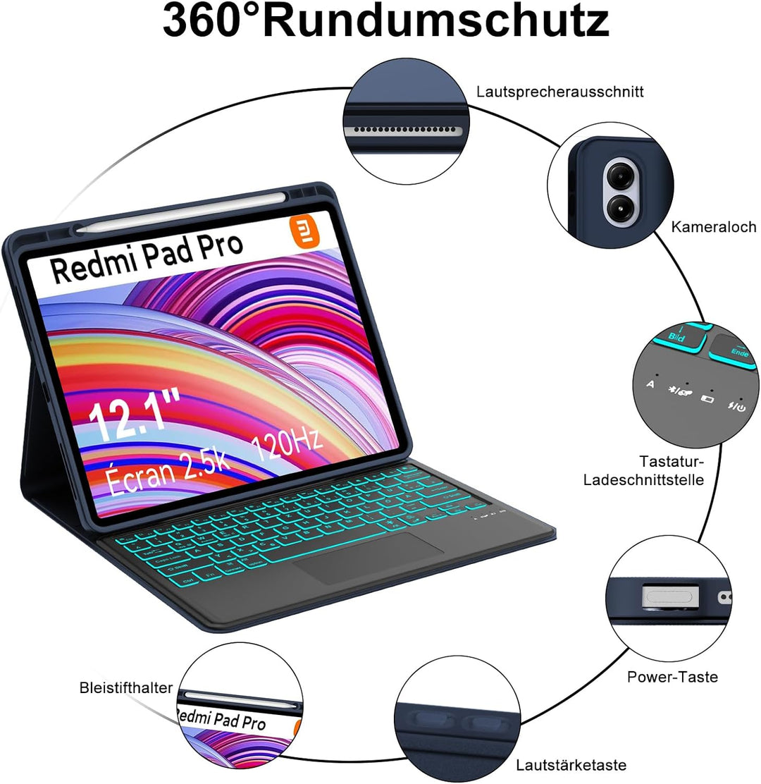 Xiaomi Redmi Pad Pro 12.1 Tastatur Hülle - Xiaomi Pad Poco 12.1 Zoll 2024, Multi Touch Trackpad, 7 F
