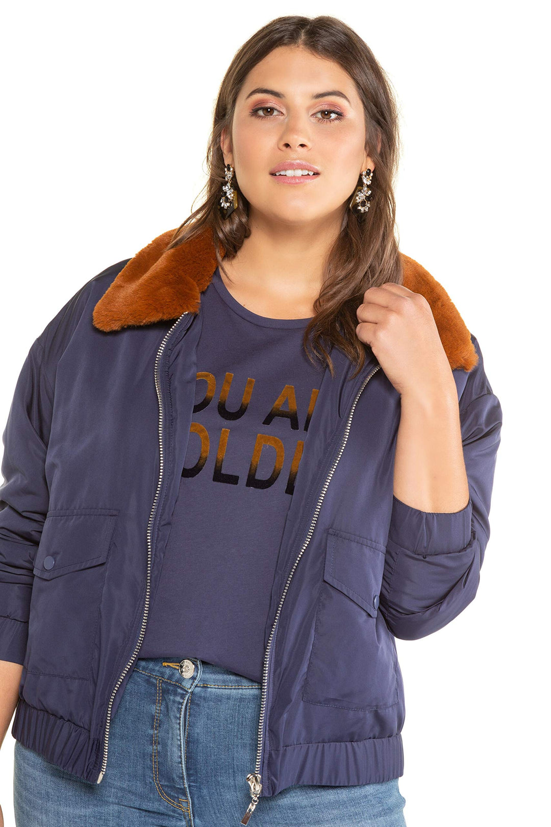 Studio Untold Damen grosse Grössen Übergrössen Plus Size Bomber, Webpelz-Kragen, warm wattiert dunke