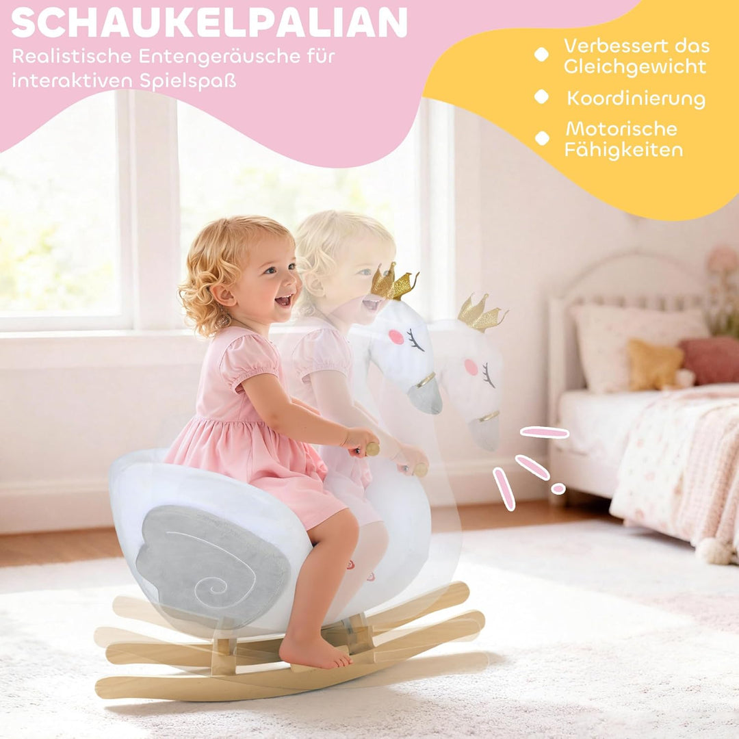 AIYAPLAY Schaukeltier, Schwan-Schaukel mit Schlaflied, weicher Füllung, Holzrahmen, Sicherheitsgurt,