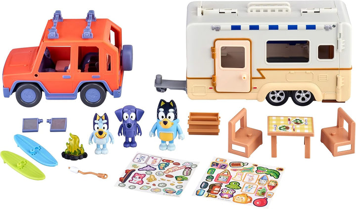 Bluey Ultimate Caravan Adventures Caravan-Set und DREI Figuren von 6,3 cm bis 7,6 cm und 4WD Familie