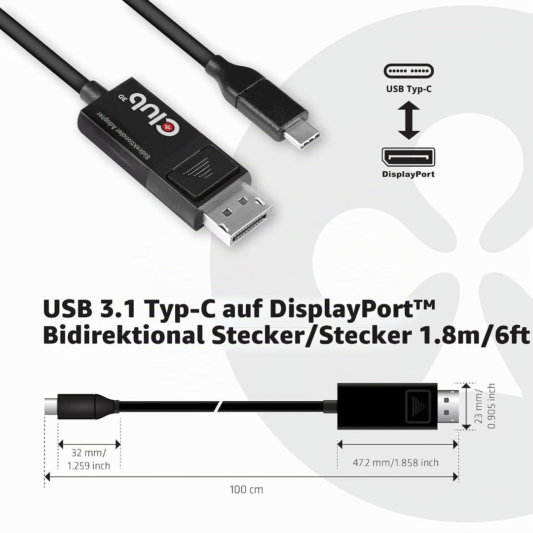 Club3D USB C auf DisplayPort Kabel 1.4 8K 60Hz, 4K 120Hz und Displayport auf USB C bidirektional, 1,