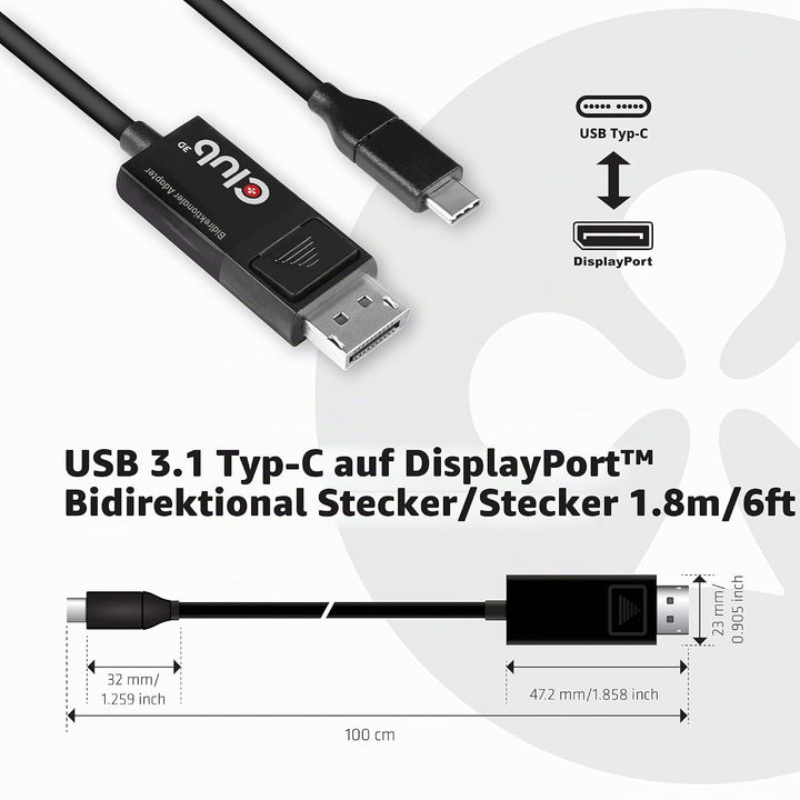 Club3D USB C auf DisplayPort Kabel 1.4 8K 60Hz, 4K 120Hz und Displayport auf USB C bidirektional, 1,