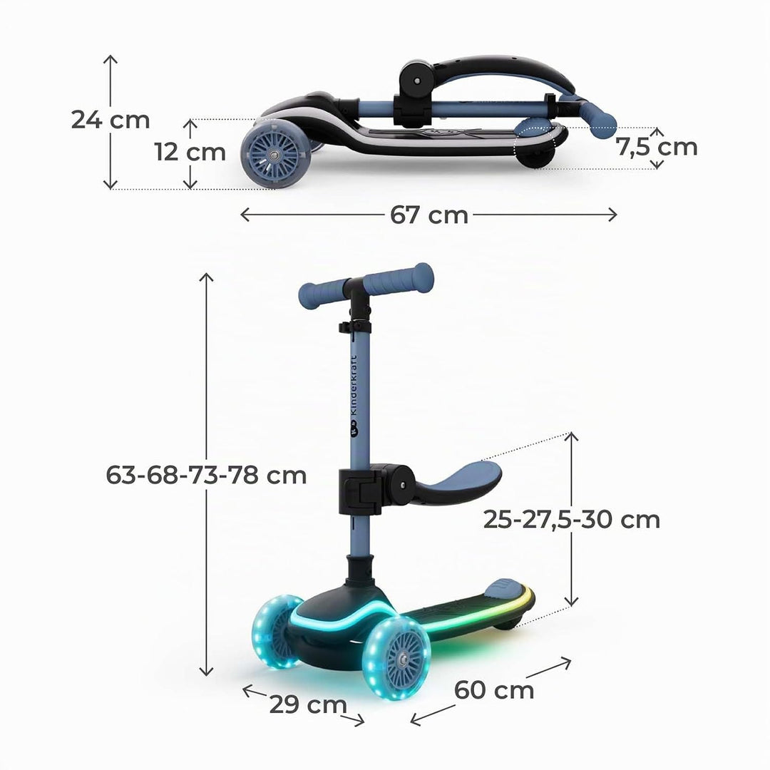 Kinderkraft RAKET UP 2-in-1 Scooter mit Sitz, LED Trittbrett, RGB Rollen, Klappbar, Leichtlaufrollen