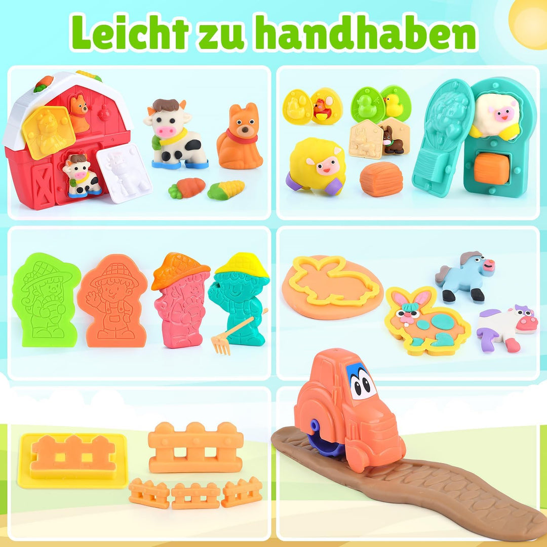PLAY Bauernhof Knete Set für Kinder, DIY Nutztiere Knete Set mit Knetwerkzeug, Nutztierform, Farmkar