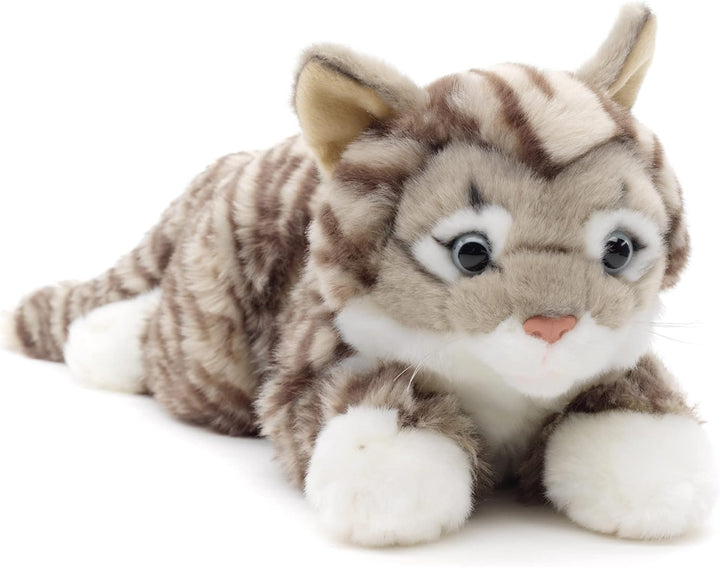 Uni-Toys - Katze mit getigertem Fell (grau), liegend - 38 cm (Länge) - Plüsch-Kätzchen - Plüschtier,