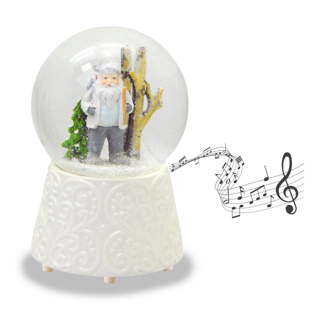 Schneekugel Weihnachten mit Musik | Weihnachtswichtel grau weiss | Sockel weiss Ornamente | H: 14cm