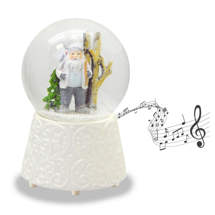 Schneekugel Weihnachten mit Musik | Weihnachtswichtel grau weiss | Sockel weiss Ornamente | H: 14cm