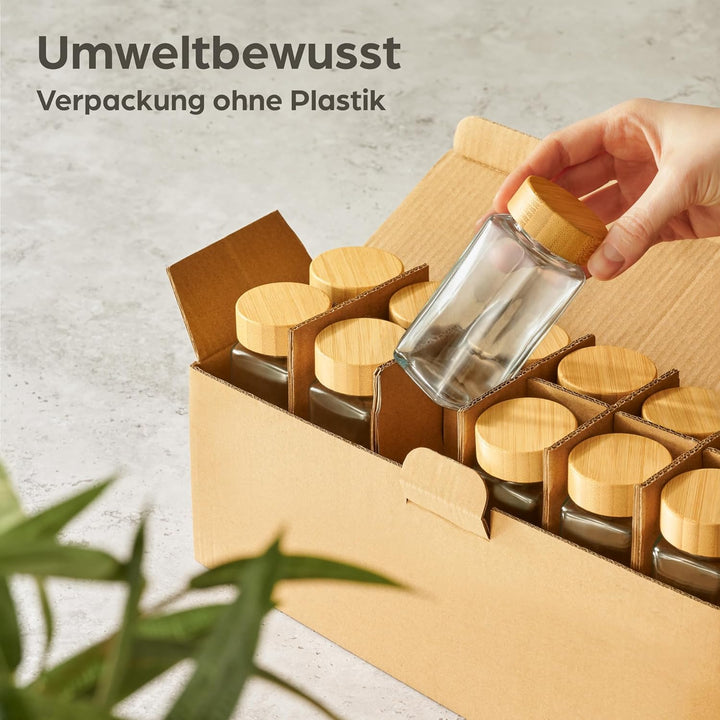 Praknu Gewürzgläser Eckig mit Bambusdeckel - 12er Set - Gewürz Organizer - Mit Streueinsatz - Gewürz