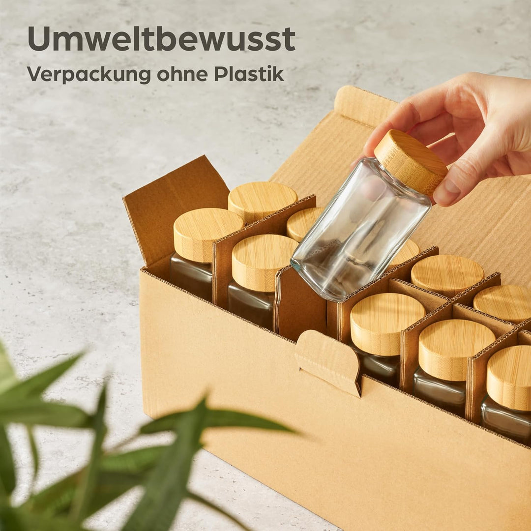 Praknu Gewürzgläser Eckig mit FSC® Bambusdeckel - 24er Set - Gewürz Organizer - Mit Streueinsatz - G