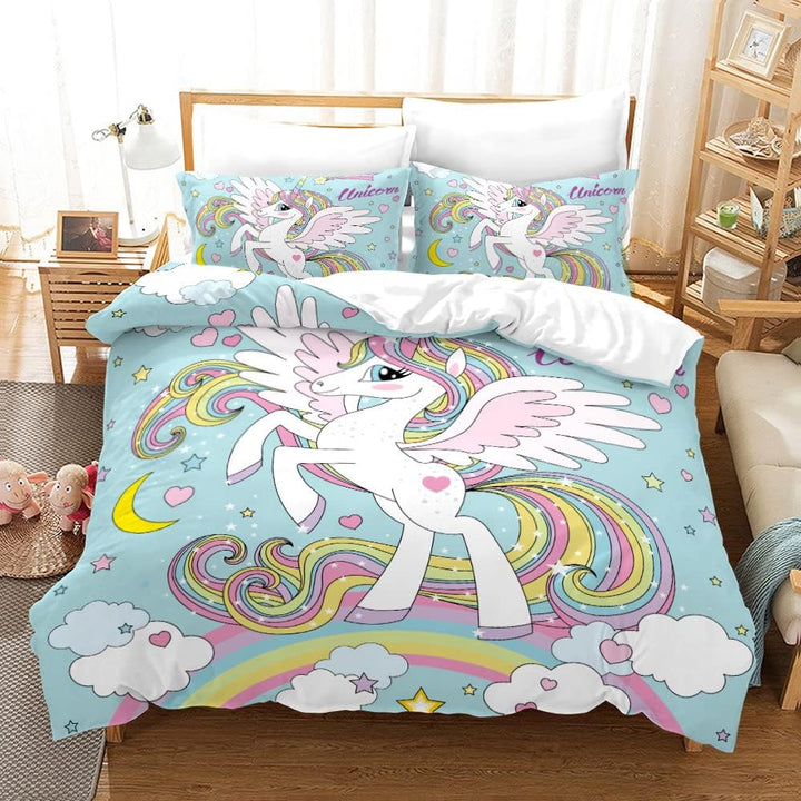 Rosa Einhorn Mädchen Bettwäsche Set,Cartoon Einhorn Muster Kinder Bettbezug Set,Regenbogen Wolken un
