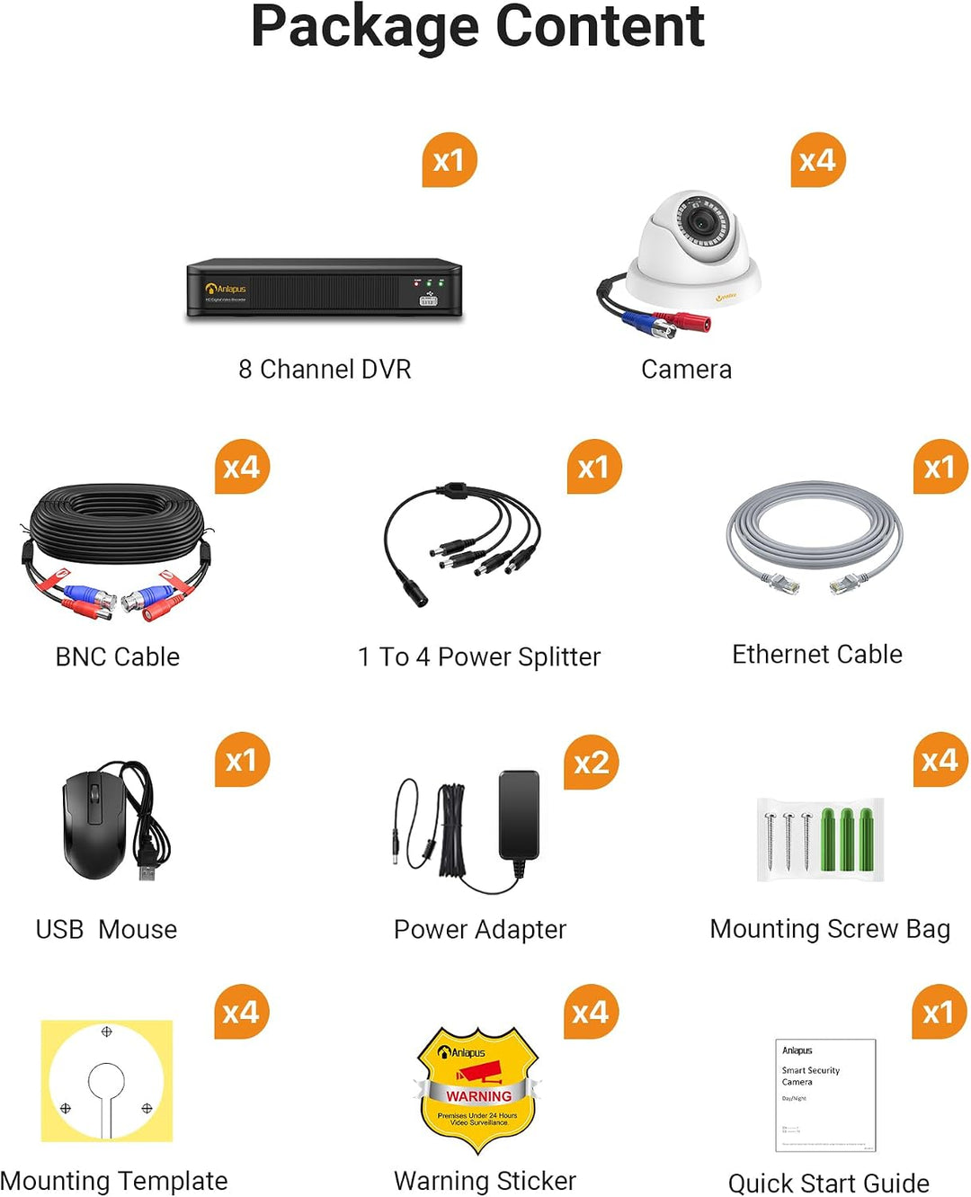 Anlapus 1080P Überwachungskamera Set, 8CH DVR Recorder ohne Festplatte, 4X 2MP Aussen Dome Videokame