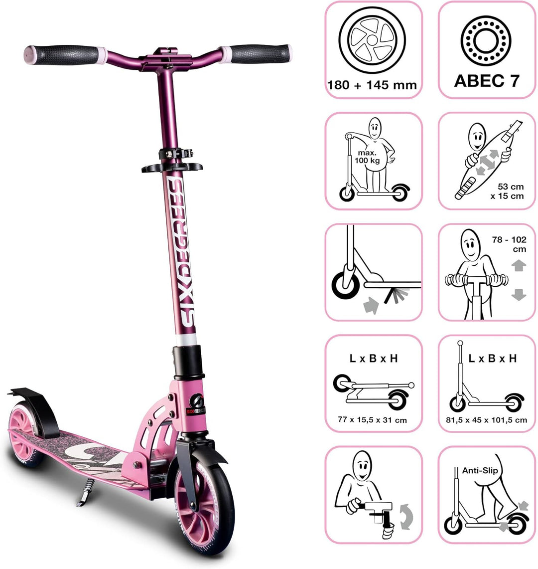 SIX DEGREES Aluminium Scooter Junior mit Klappmechanismus u. Ständer, 180/145 mm, höhenverstellbar,