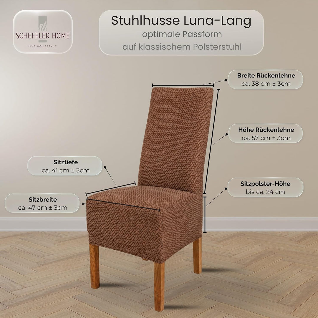 SCHEFFLER-Home Stuhlhussen Stretch Luna-Lang/Stuhlüberzug 4er Set Braun/elastische Flanell Stuhlabde