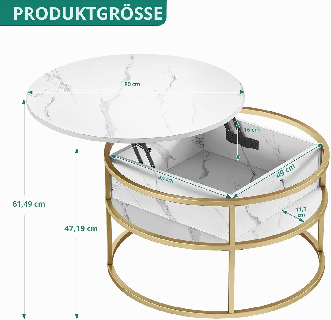 YITAHOME Couchtisch Rund mit Hebeplatte, Wohnzimmertisch mit verstecktem Ablagefach, Beistelltisch R
