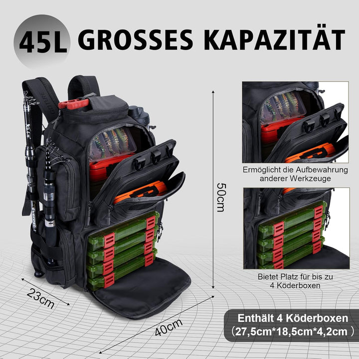 Goture Angelrucksack mit 4 Köderbox Angeln, 45-Liter Angelzubehör-Rucksack mit Zwei Rutenhaltern und