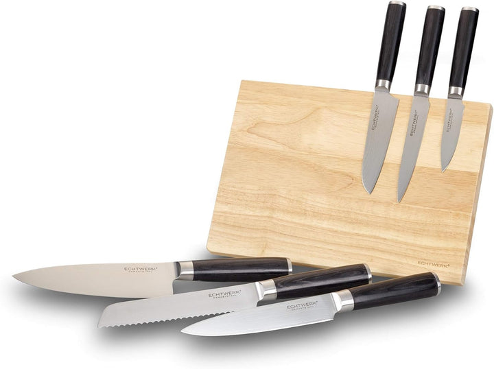 ECHTWERK Damastmesser Set 7tlg. Inkl. Magnet-Messerblock aus Holz & EW-DM-0360 Damastmesser Santokum