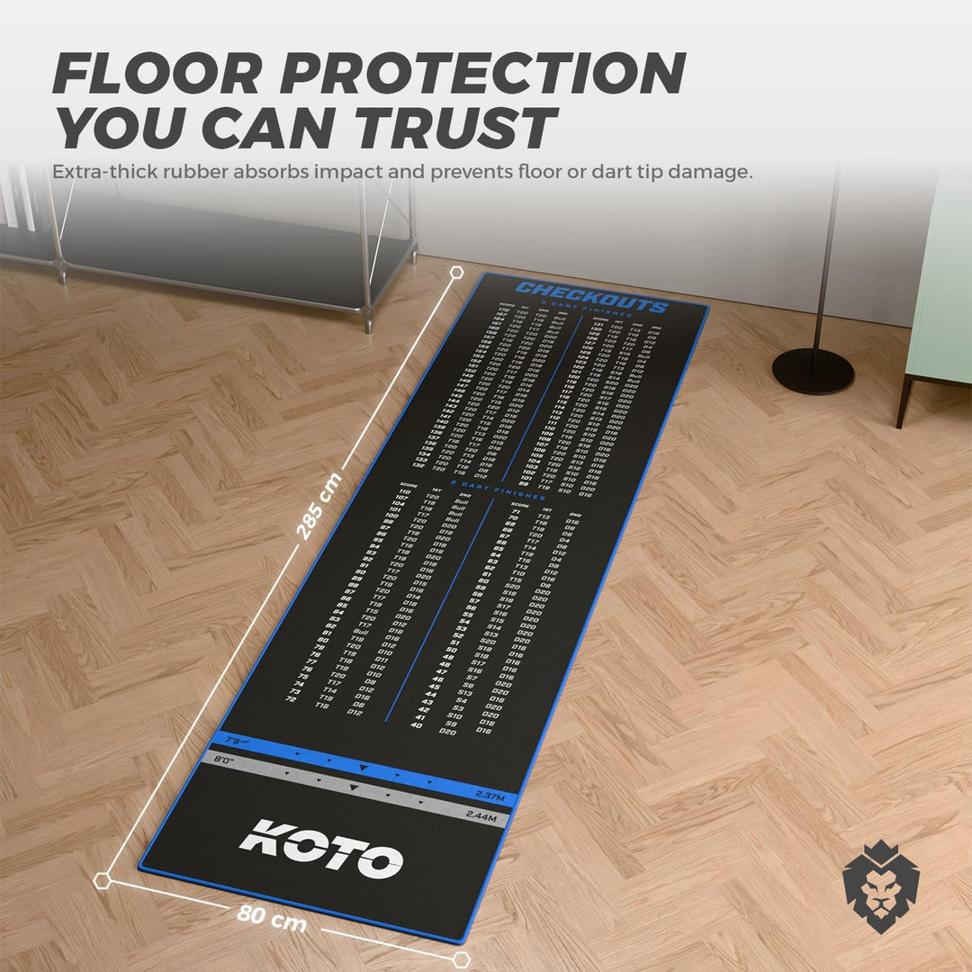 KOTO - Carpet Checkout Dartmatte, Schutz Bodens und Dartpfeile, Mit Score-Indikation + Oche, 285x80c