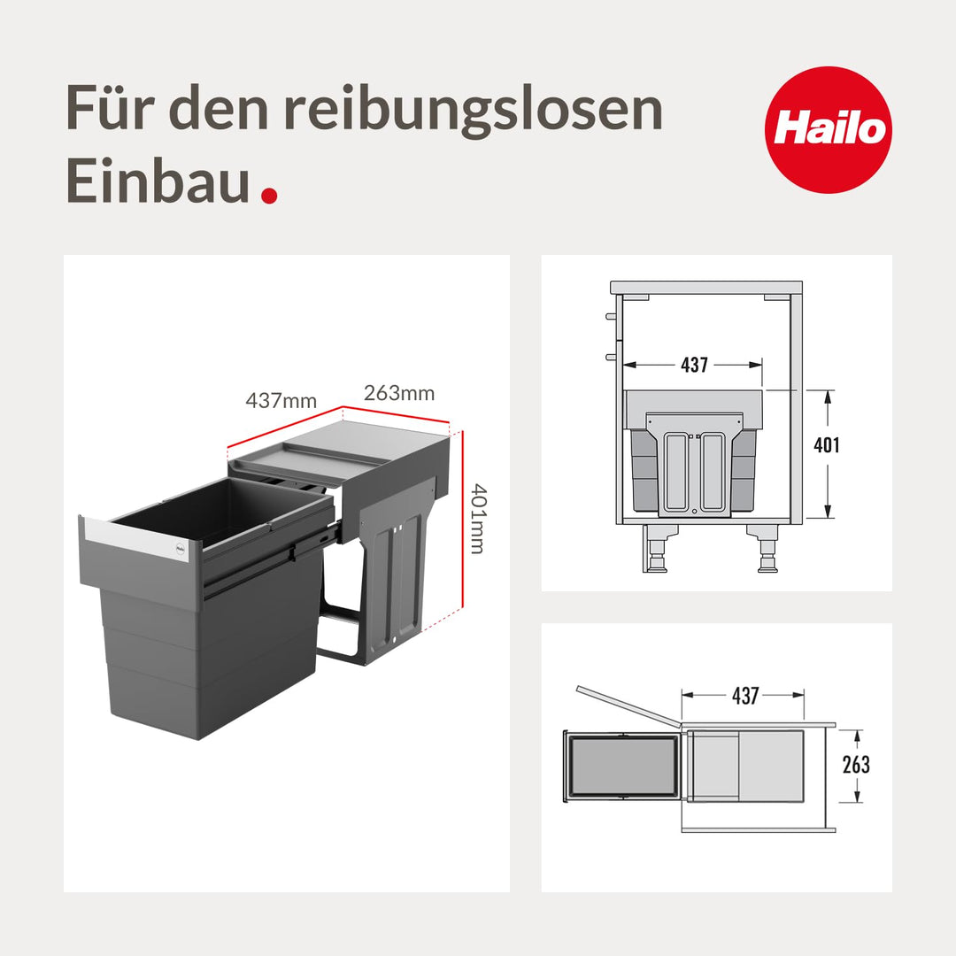 Hailo Abfallsammler 3666911 | Single Box 24 Liter Einbau-Mülleimer | für Unterschränke ab 30 cm Brei