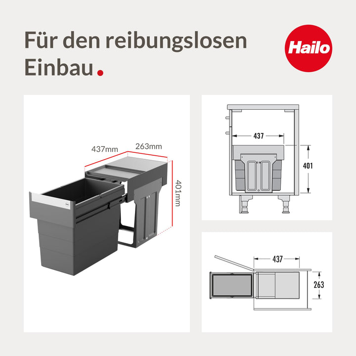 Hailo Abfallsammler 3666911 | Single Box 24 Liter Einbau-Mülleimer | für Unterschränke ab 30 cm Brei
