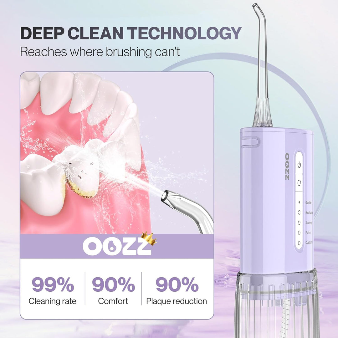 OOZZ Travel Water Flosser, Schnurlose Taschenmunddusche, 5 Druckmodi, 6 Strahlspitzen, USB-wiederauf