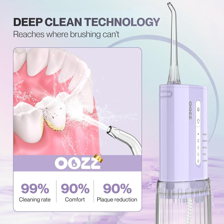 OOZZ Travel Water Flosser, Schnurlose Taschenmunddusche, 5 Druckmodi, 6 Strahlspitzen, USB-wiederauf