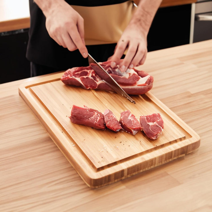 Outdoor und Küche Schneidebrett aus Bambus Holz mit Saftrille, zubehör zum Fleisch schneiden, Grill