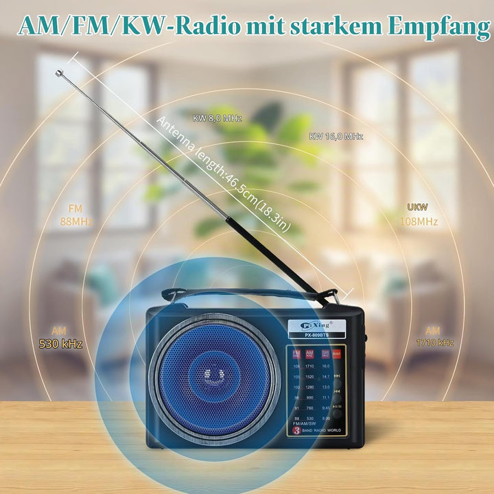 Tragbares Retro-Radio, kompaktes AM/FM/SW-Bluetooth-Radio mit Solarpanel, tragbare LED-Beleuchtung,