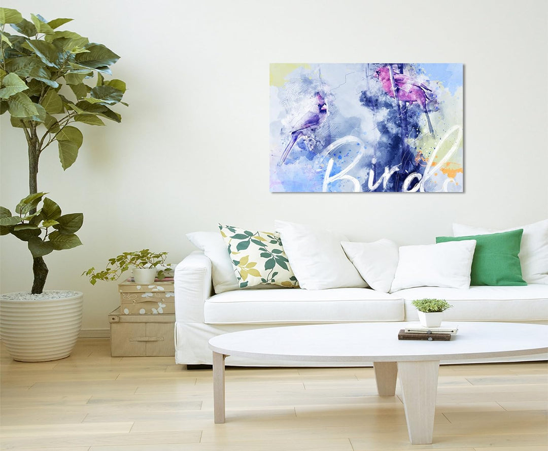 Paul Sinus Art Bild Leinwand 120x80cm Vögel auf Zweigen in Blautönen mit Kalligraphie, 120x80cm