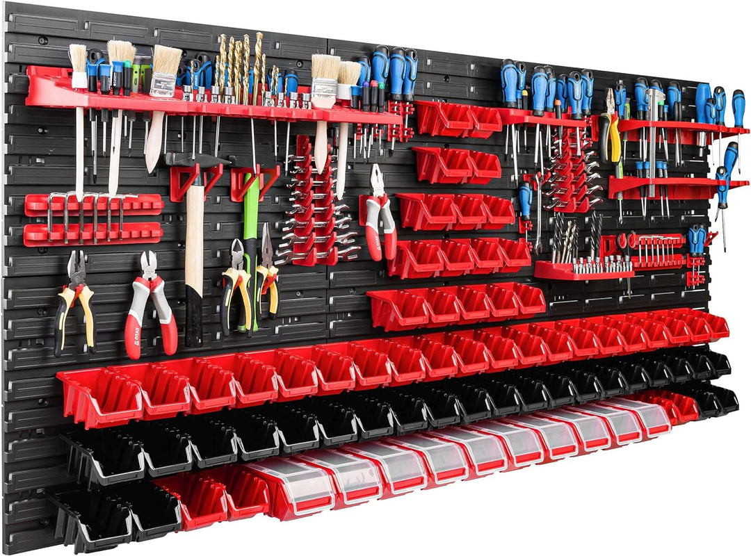 Lagersystem Werkstattregal | 172 x 78 cm | 74 stck. Box | Wandregal mit Werkzeughalterungen und Stap