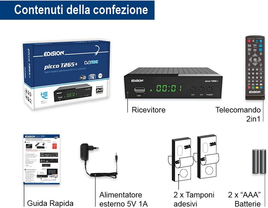 Edision Picco T265+ Terrestrischer DVB-T2 und Kabel DVB-C Receiver, H265 HEVC, FTA Full HD PVR, USB,