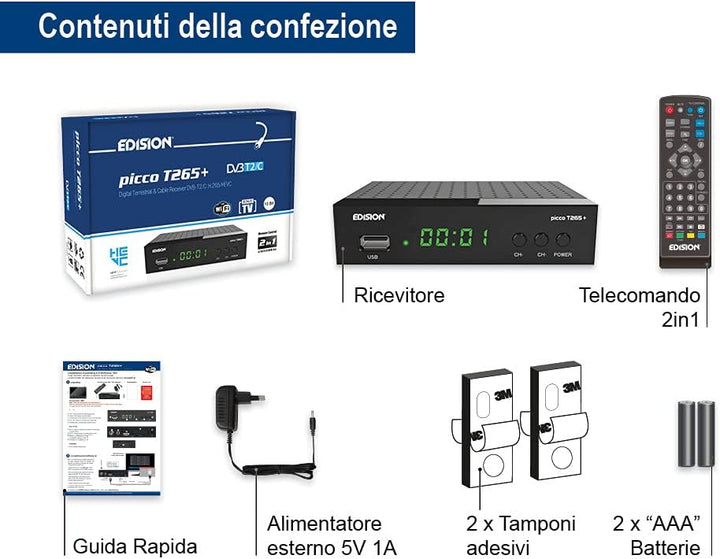 Edision Picco T265+ Terrestrischer DVB-T2 und Kabel DVB-C Receiver, H265 HEVC, FTA Full HD PVR, USB,