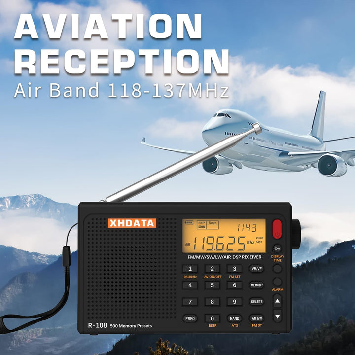 XHDATA R-108 Kleines Tragbare Radios Wiederaufladbares Batterieradio UKW FM AM SW Airband Radio welt