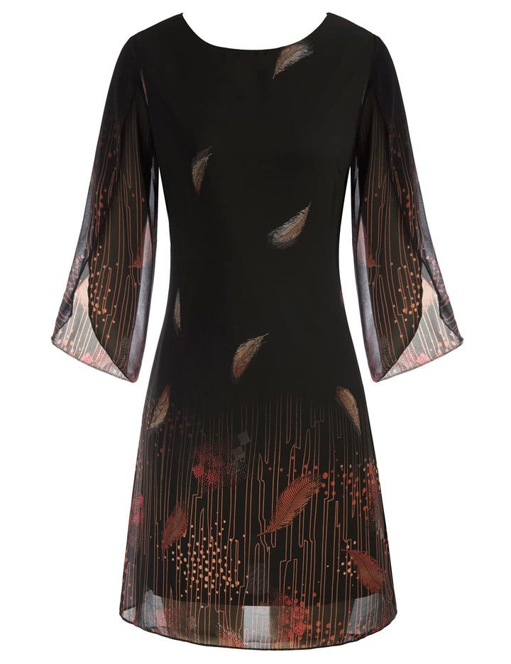 GRACE KARIN Damen Chiffon Kleid 3/4 Ärmel Cocktailkleid Loose Elegant Abendkleid S Schwarz-feder, S