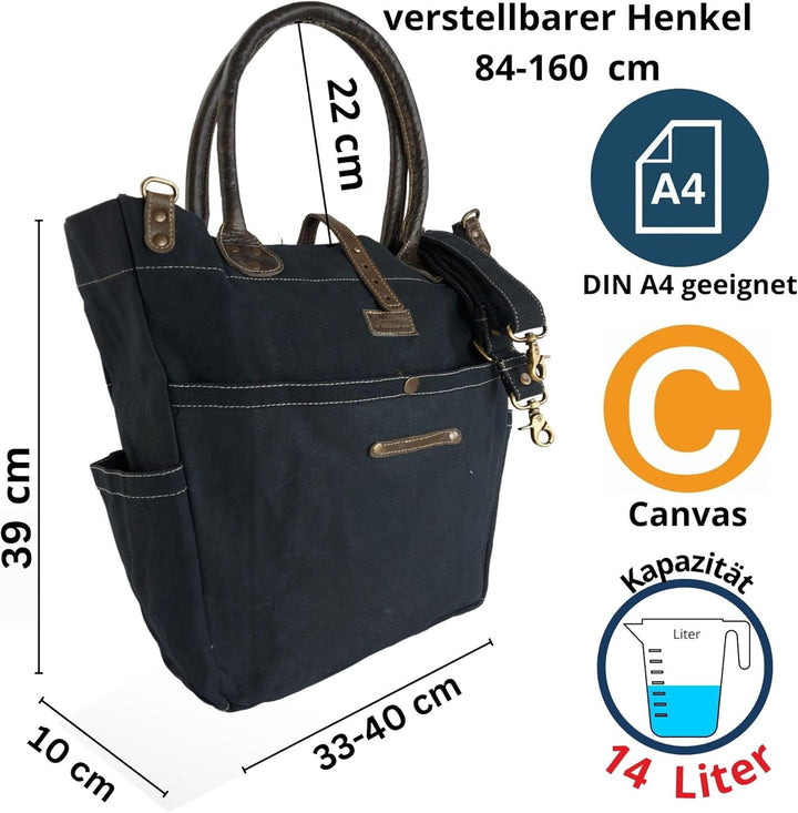 Sunsa Damen gross Handtasche. Shopper aus Canvas & Leder. Schwarze Nachhaltige Schultertasche für Or