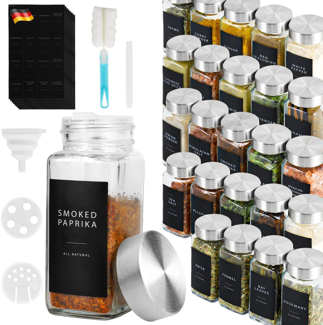 Lannvan Gewürzgläser Eckig Set [24 Stück] mit Edelstahldeckel, 120ml Gewürzdosen mit 246 Etiketten,