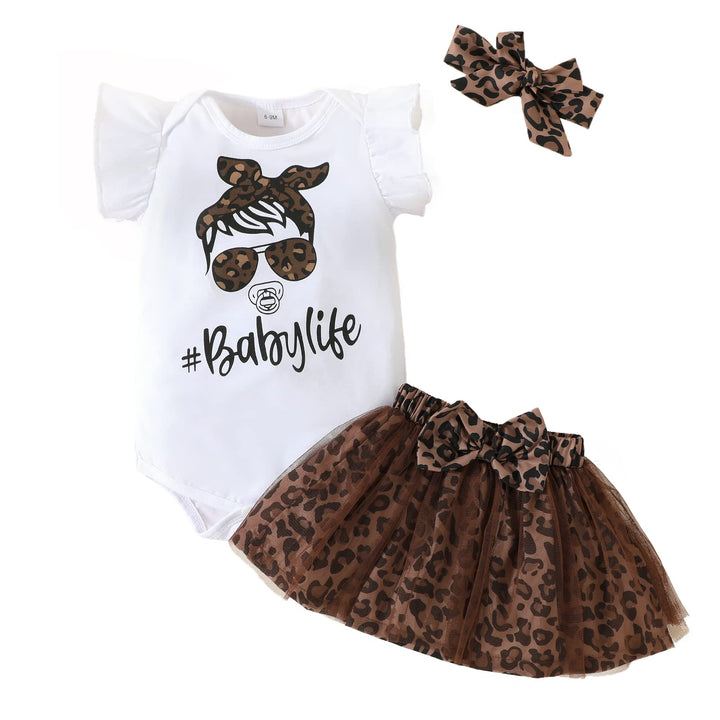 Baby Kleidung Mädchen Sommer Outfit, T-Shirt Rüschen Kurzarm Top + Leopardenmuster Netz Rock + Stirn