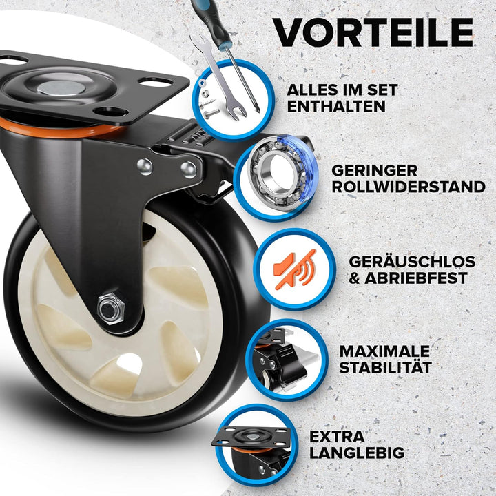 PEARWAY™ Premium Lenkrollen 125mm mit Bremse [4 Stk bis 680kg] inkl. Montagezubehör I Robuste Transp