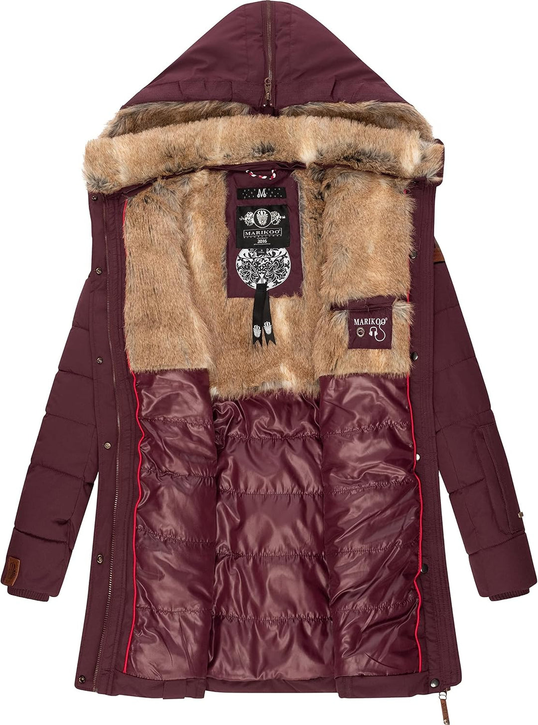 MARIKOO Damen Warmer Winter Steppmantel mit Kapuze Lieblings Jacke XS-XXL XS Wine, XS Wine