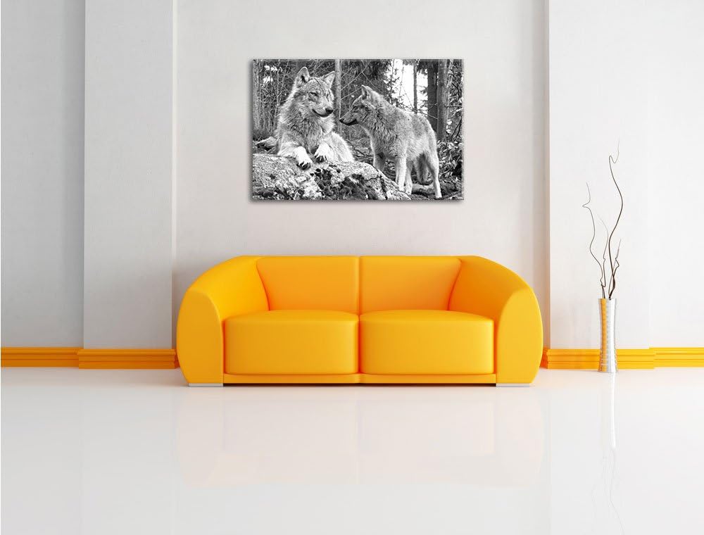 Wölfe im Wald Kunst B&W, Format: 100x70 auf Leinwand, XXL riesige Bilder fertig gerahmt mit Keilrahm