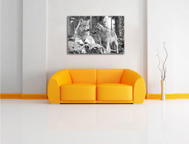 Wölfe im Wald Kunst B&W, Format: 100x70 auf Leinwand, XXL riesige Bilder fertig gerahmt mit Keilrahm