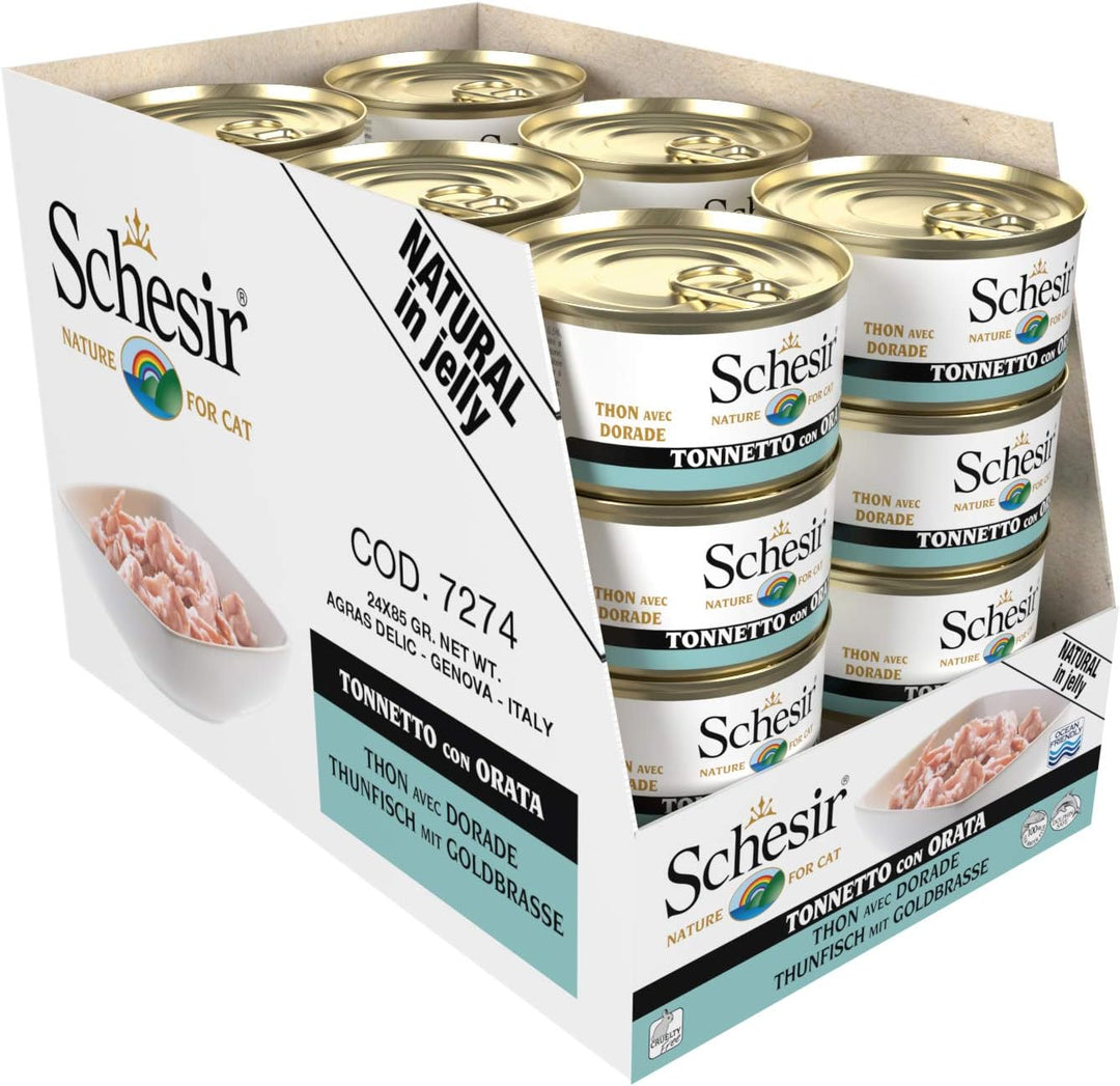 Schesir Cat Jelly Thunfisch mit Goldbrasse, Katzenfutter nass in Gelee, 24 Dosen x 85 g Thunfisch mi
