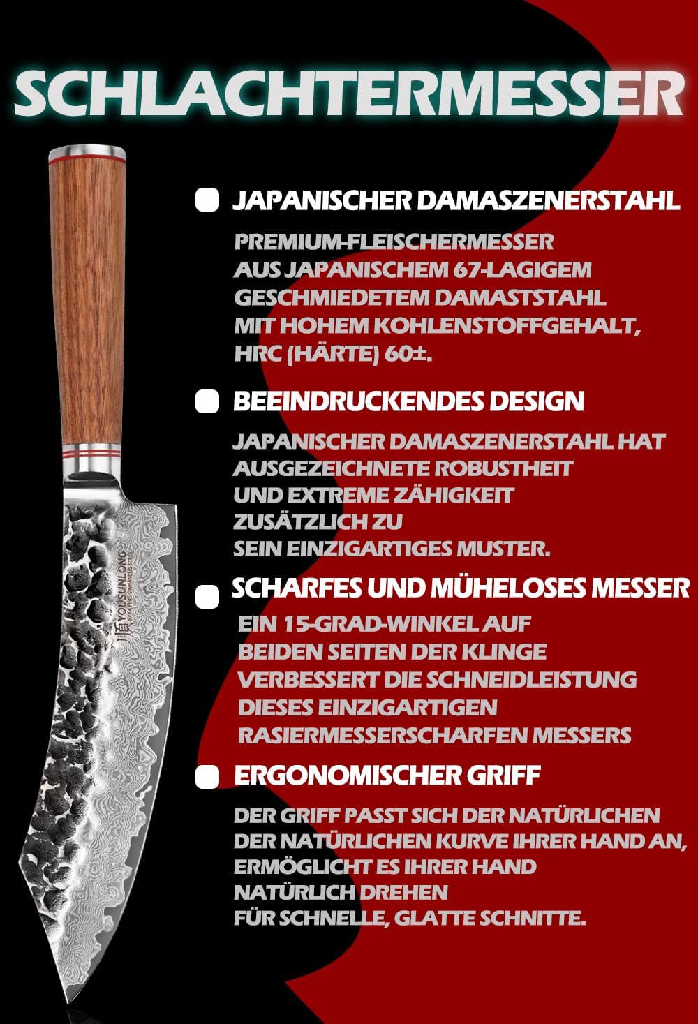 YOUSUNLONG Blockmesser 20,50cm Metzgermesser klein extrem scharfe Klinge I Damast Küchenmesser und P