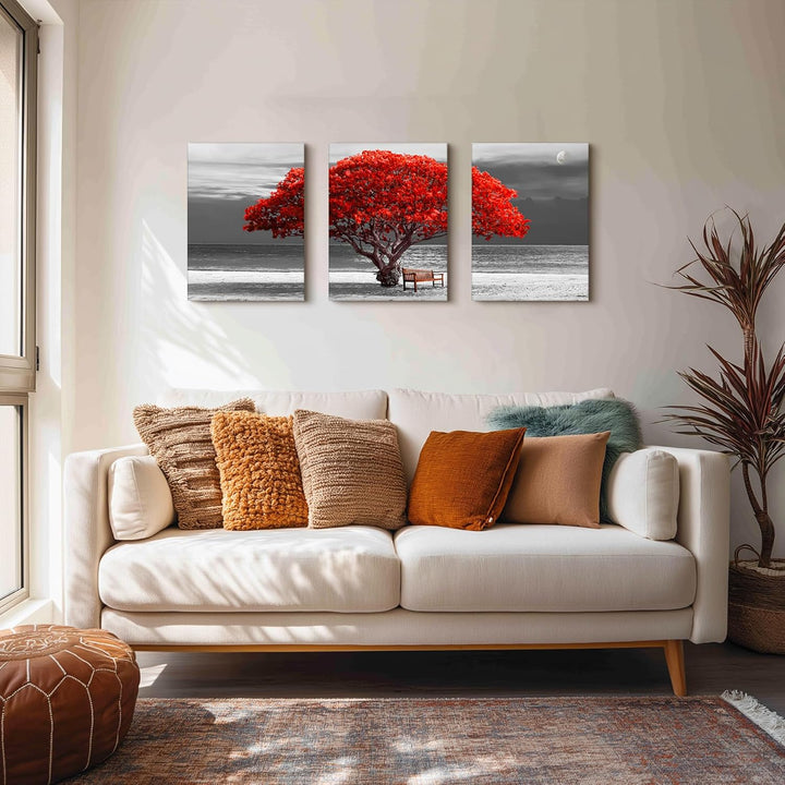 hyidecorart Leinwandbilder 30x40 cm 3er Set Wohnzimmer, Modern Rot Baum des Lebens Wandbilder Set mi