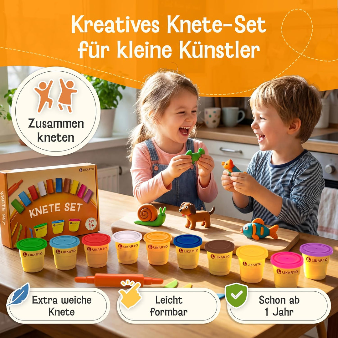 Veganes Knete Set für Kinder ab 1 Jahr - [10 Farben, 5 Werkzeuge, 10 Anleitungen] - Extraweiche & un