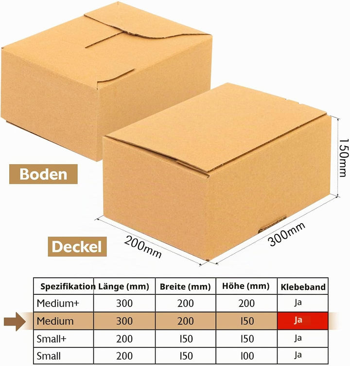 Konzept 11 Versandkarton 30x20x15cm Set 50 Stk. Faltkartons mit Deckel Selbstklebend, Kleine Kartons