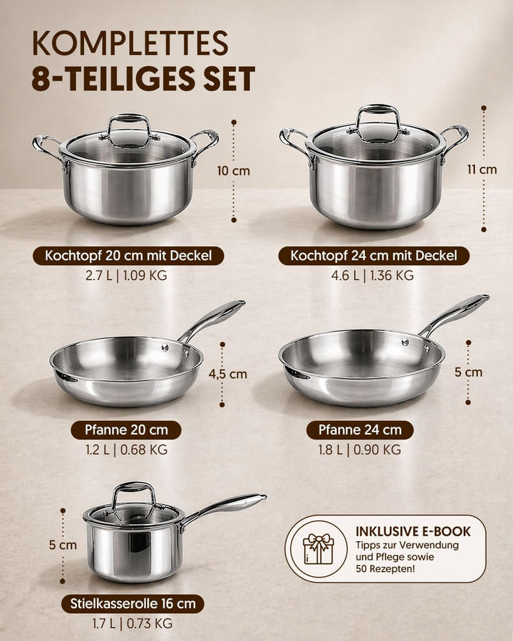 La Moustache - Topf- und Pfannenset 8-teilig, aus Edelstahl ohne Beschichtung, 3 Kochtöpfe mit Glasd