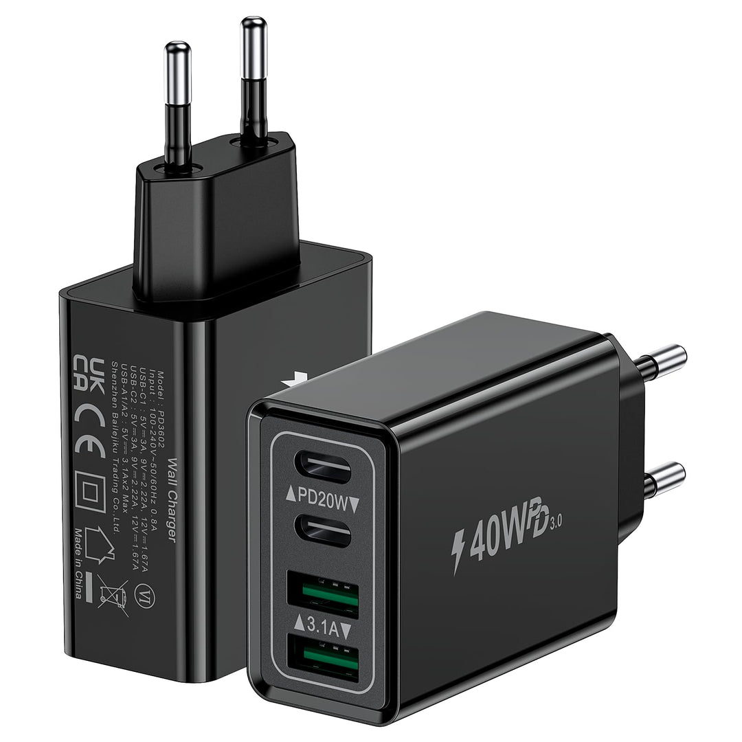 2-Pack USB C Stecker, 40W 4-Port Netzteil USBC Ladegerät Mehrfach mit PD+QC, Adapter USB-C Fast Char