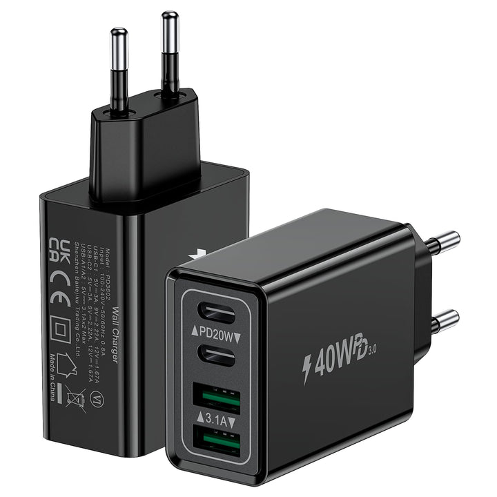 2-Pack USB C Stecker, 40W 4-Port Netzteil USBC Ladegerät Mehrfach mit PD+QC, Adapter USB-C Fast Char