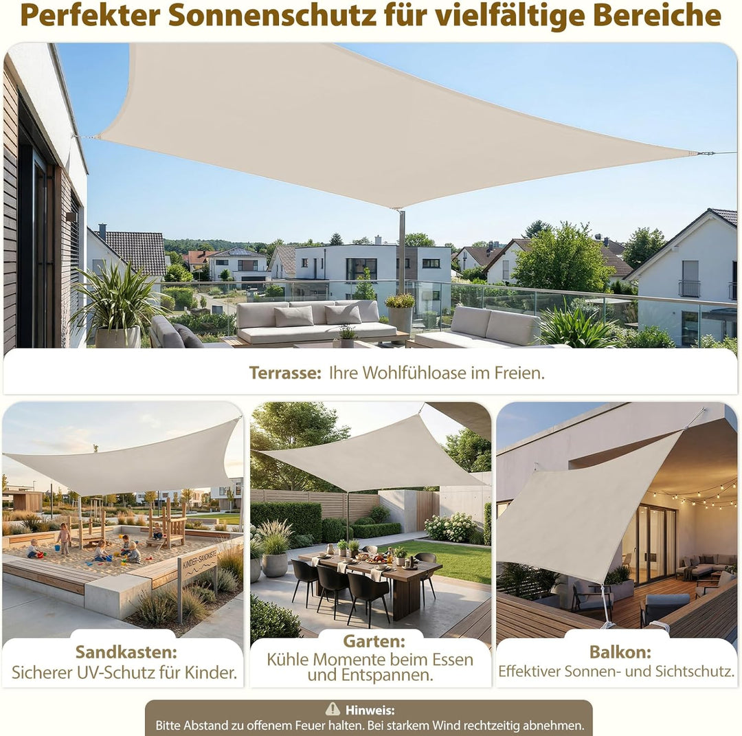 Sekey Sonnensegel Wasserdicht 2x3m Rechteckig – ohne Mittelnaht, hochdichtes PES 160g/m², mit Edelst