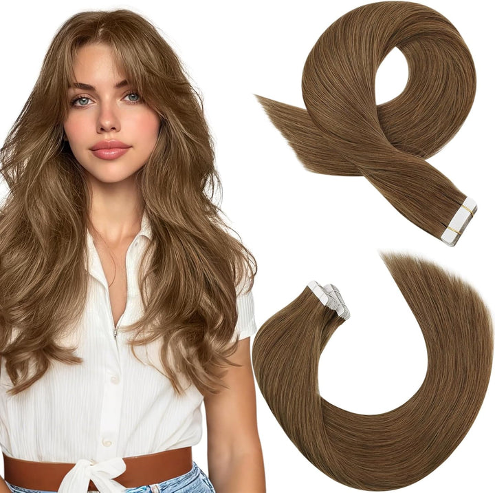 Moresoo Invisible Tape Extensions Hellbraun Echthaar Tape in Extensions Braun Tapes Klebestreifen Ex